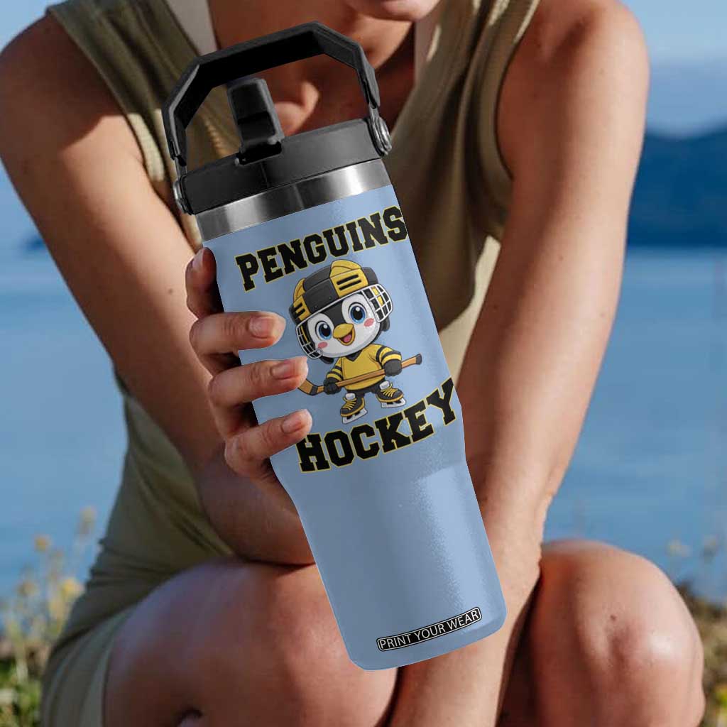 Funny Penguin Playing Ice Hockey Flip Straw Tumbler Winter Sports Gift TS12 One Size: 30 oz Light Blue Print Your Wear