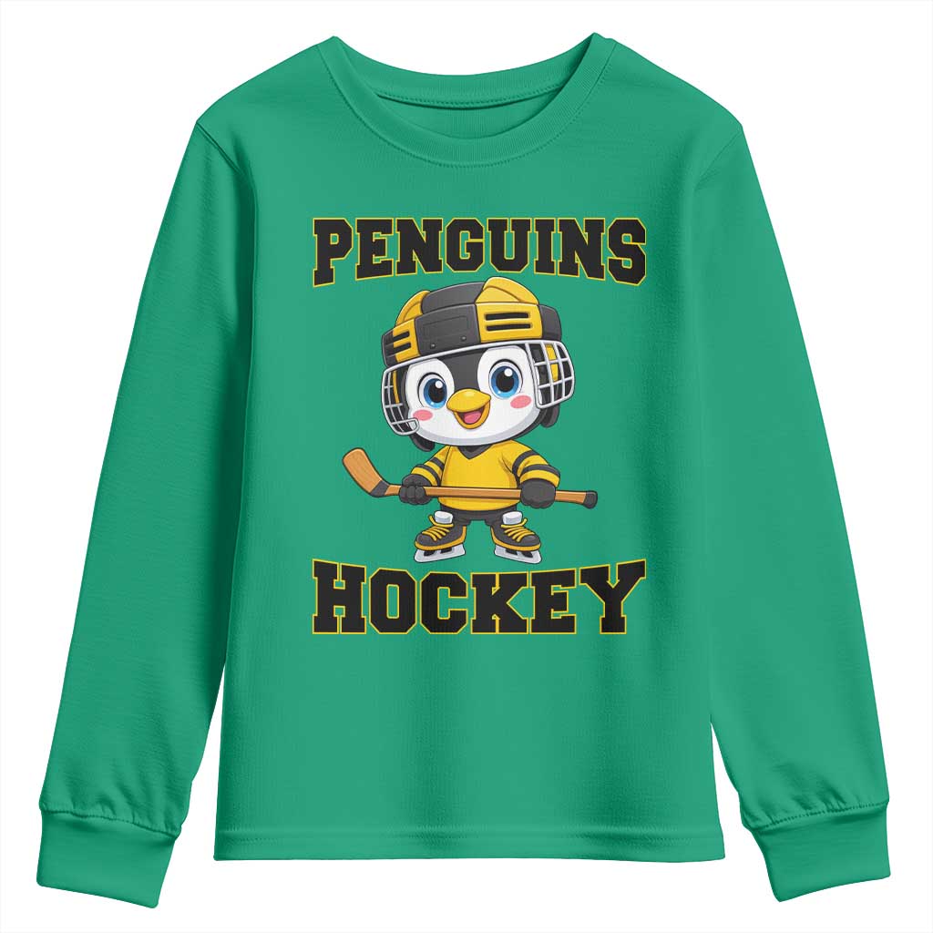 Funny Penguin Playing Ice Hockey Youth Sweatshirt Winter Sports Gift TS12 Irish Green Print Your Wear