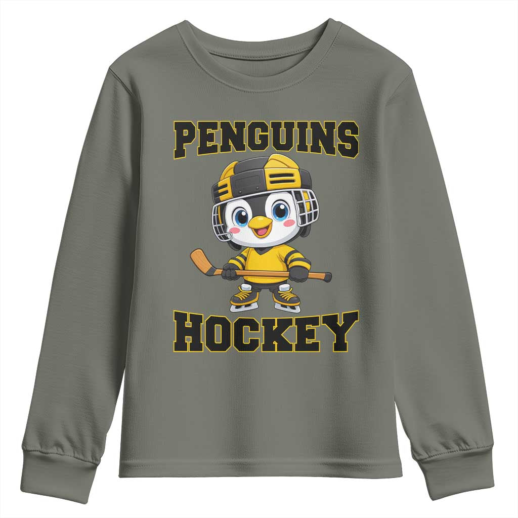 Funny Penguin Playing Ice Hockey Youth Sweatshirt Winter Sports Gift TS12 Military Green Print Your Wear