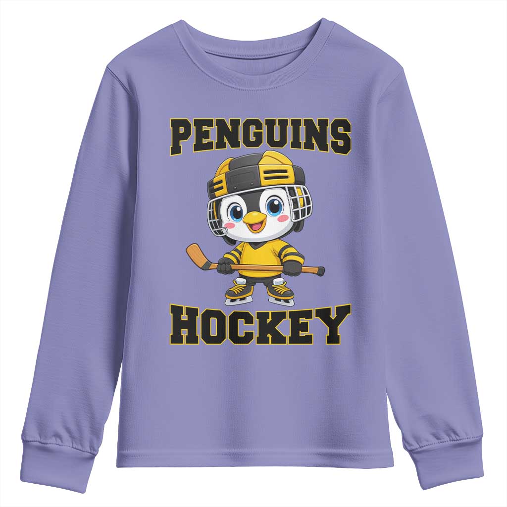 Funny Penguin Playing Ice Hockey Youth Sweatshirt Winter Sports Gift TS12 Violet Print Your Wear