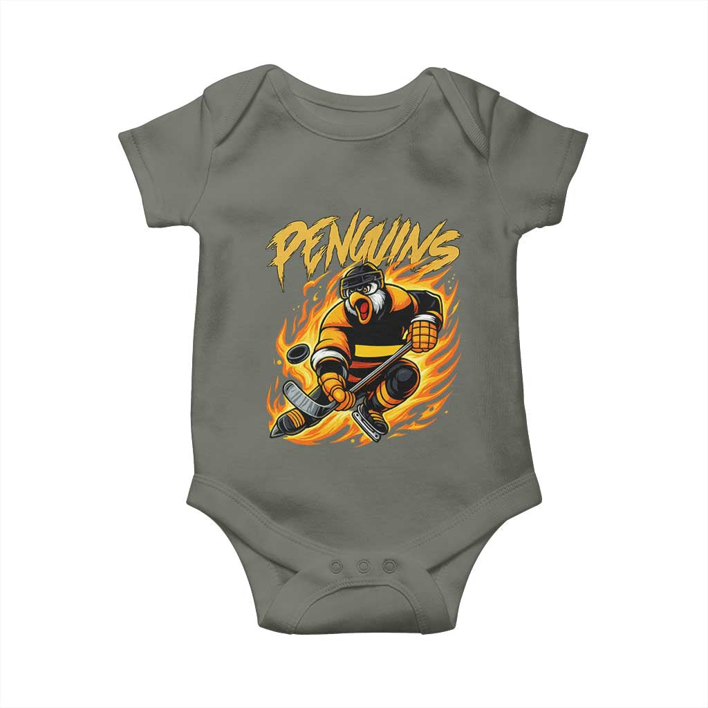Penguin Playing Ice Hockey Baby Onesie Funny Sports Fan Gift TS12 Military Green Print Your Wear
