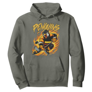 Penguin Playing Ice Hockey Hoodie Funny Sports Fan Gift TS12 Military Green Print Your Wear