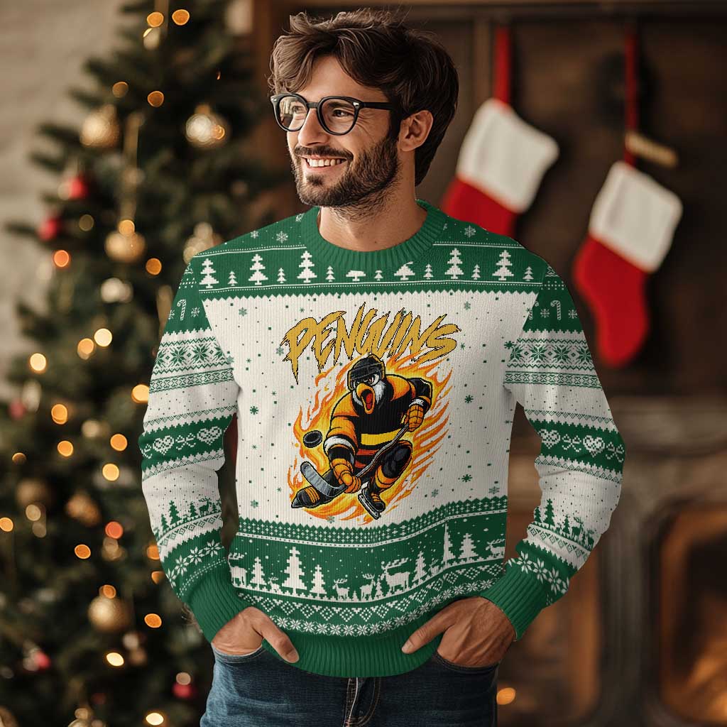 Penguin Playing Ice Hockey Ugly Christmas Sweater Funny Sports Fan Gift TS12 Beige Green Print Your Wear