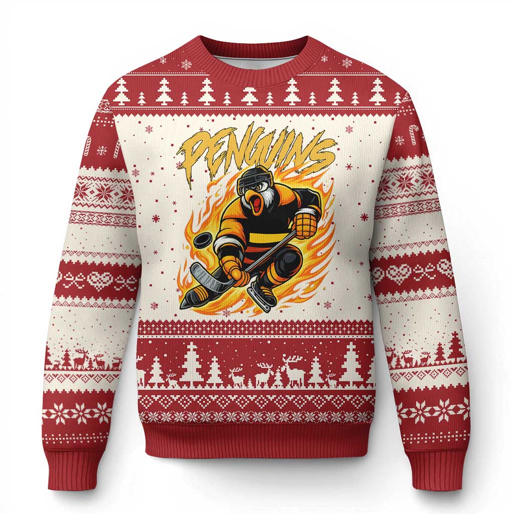 Penguin Playing Ice Hockey Ugly Christmas Sweater Funny Sports Fan Gift TS12 Beige Red Print Your Wear