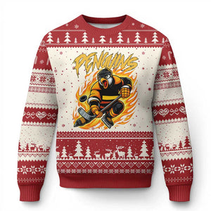 Penguin Playing Ice Hockey Ugly Christmas Sweater Funny Sports Fan Gift TS12 Beige Red Print Your Wear