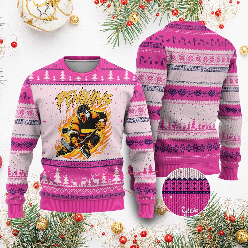 Penguin Playing Ice Hockey Ugly Christmas Sweater Funny Sports Fan Gift TS12 Hot Pink Print Your Wear