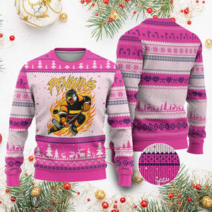Penguin Playing Ice Hockey Ugly Christmas Sweater Funny Sports Fan Gift TS12 Hot Pink Print Your Wear