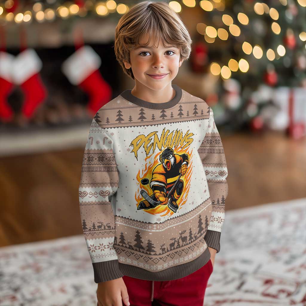 Penguin Playing Ice Hockey Ugly Christmas Sweater Funny Sports Fan Gift TS12 Mocha Mousse Print Your Wear