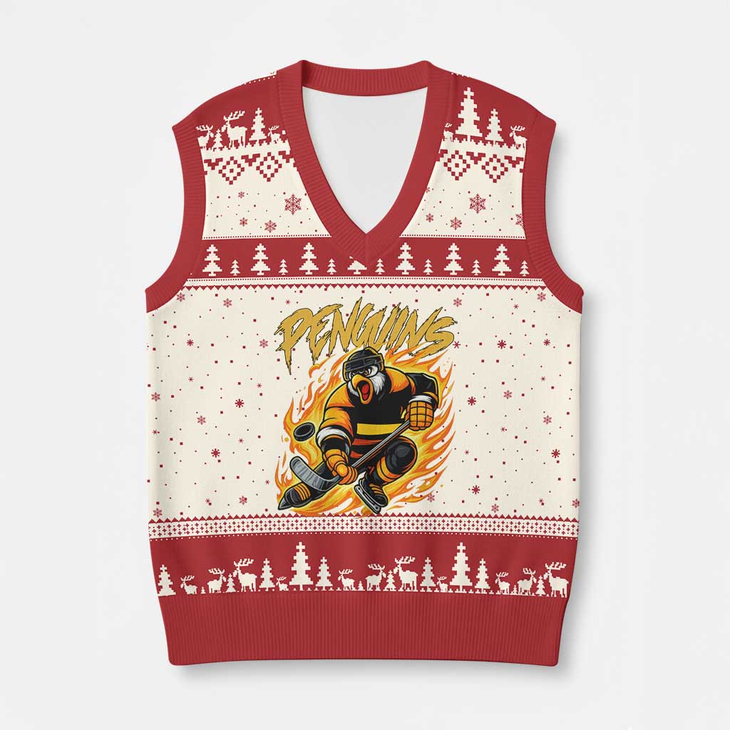 Penguin Playing Ice Hockey V-Neck Knit Sweater Vest Funny Sports Fan Gift TS12 Beige Red Print Your Wear