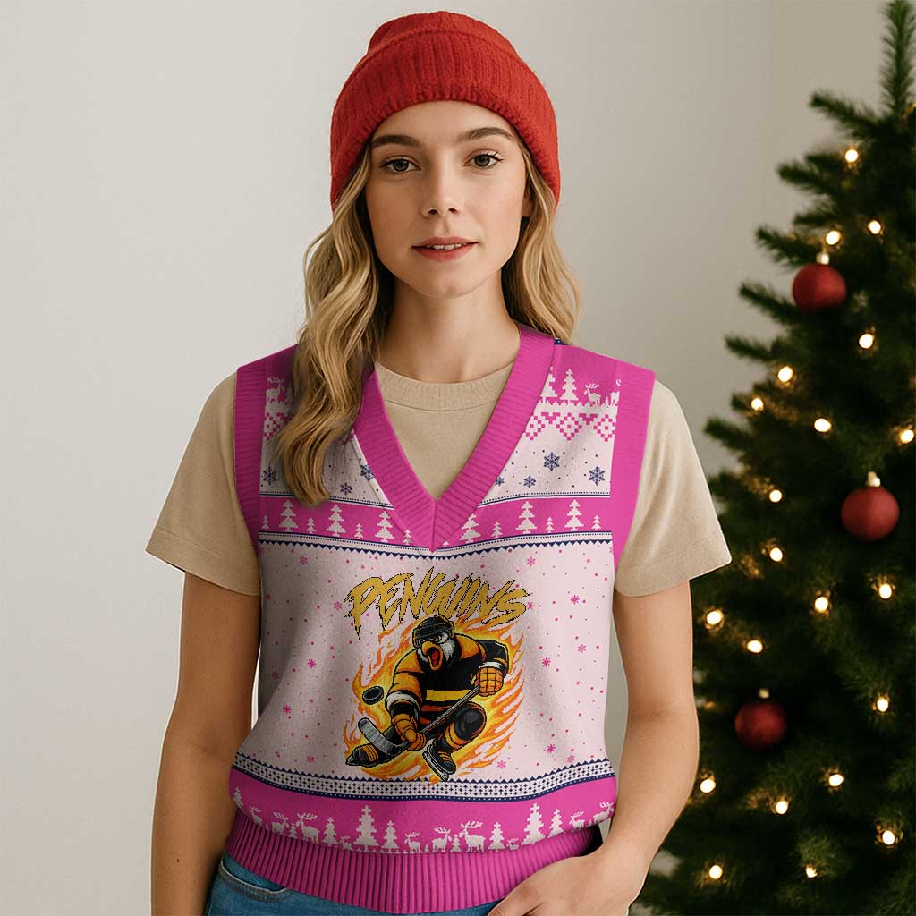 Penguin Playing Ice Hockey V-Neck Knit Sweater Vest Funny Sports Fan Gift TS12 Hot Pink Print Your Wear