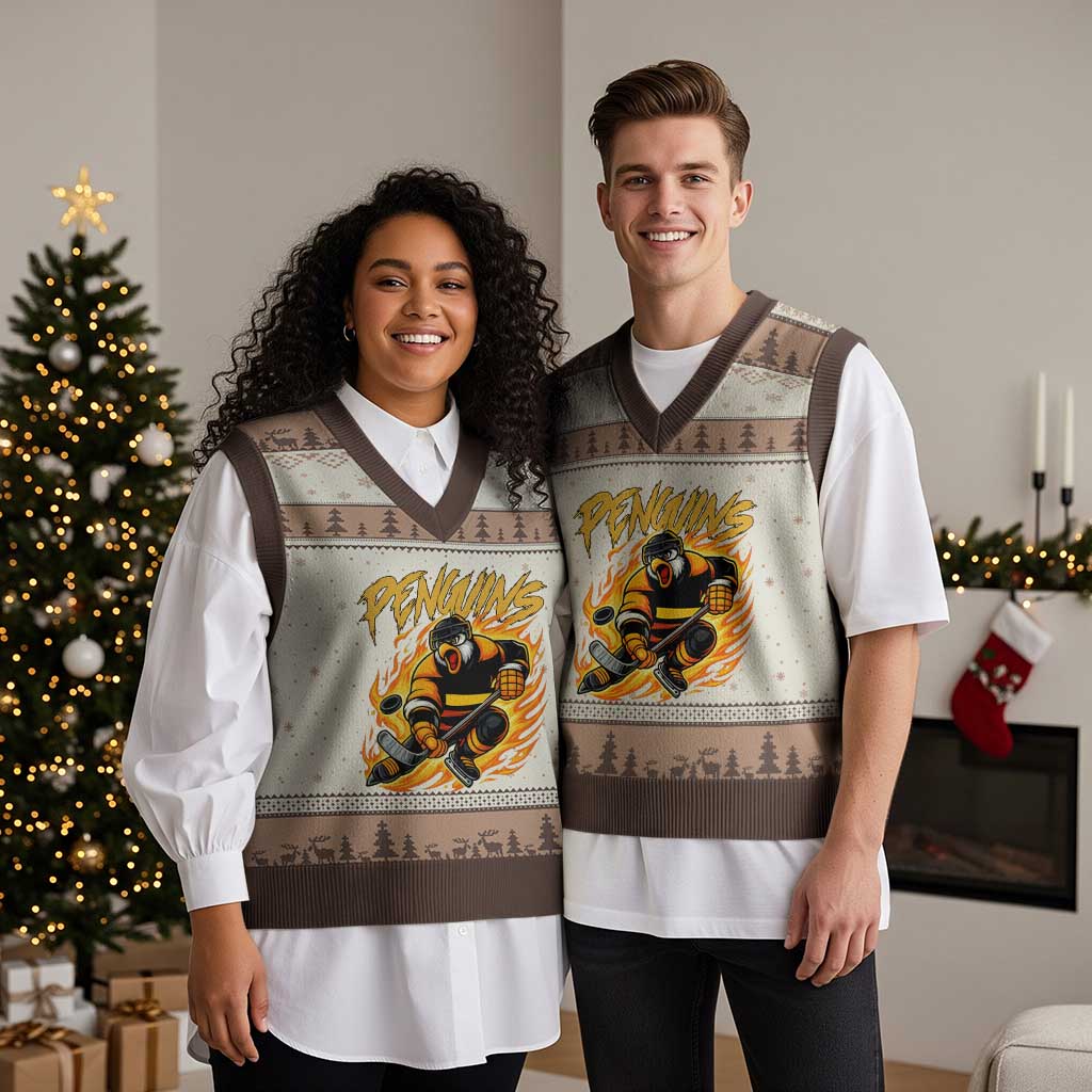Penguin Playing Ice Hockey V-Neck Knit Sweater Vest Funny Sports Fan Gift TS12 Mocha Mousse Print Your Wear