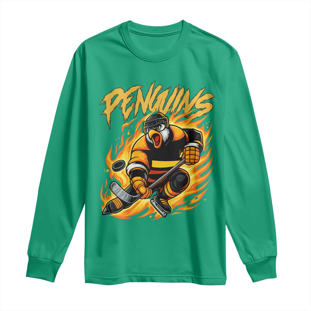 Penguin Playing Ice Hockey Long Sleeve Shirt Funny Sports Fan Gift TS12 Irish Green Print Your Wear
