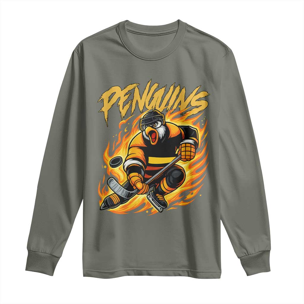 Penguin Playing Ice Hockey Long Sleeve Shirt Funny Sports Fan Gift TS12 Military Green Print Your Wear