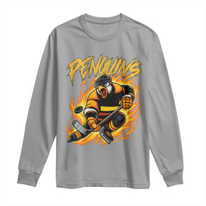 Penguin Playing Ice Hockey Long Sleeve Shirt Funny Sports Fan Gift TS12 Sport Gray Print Your Wear