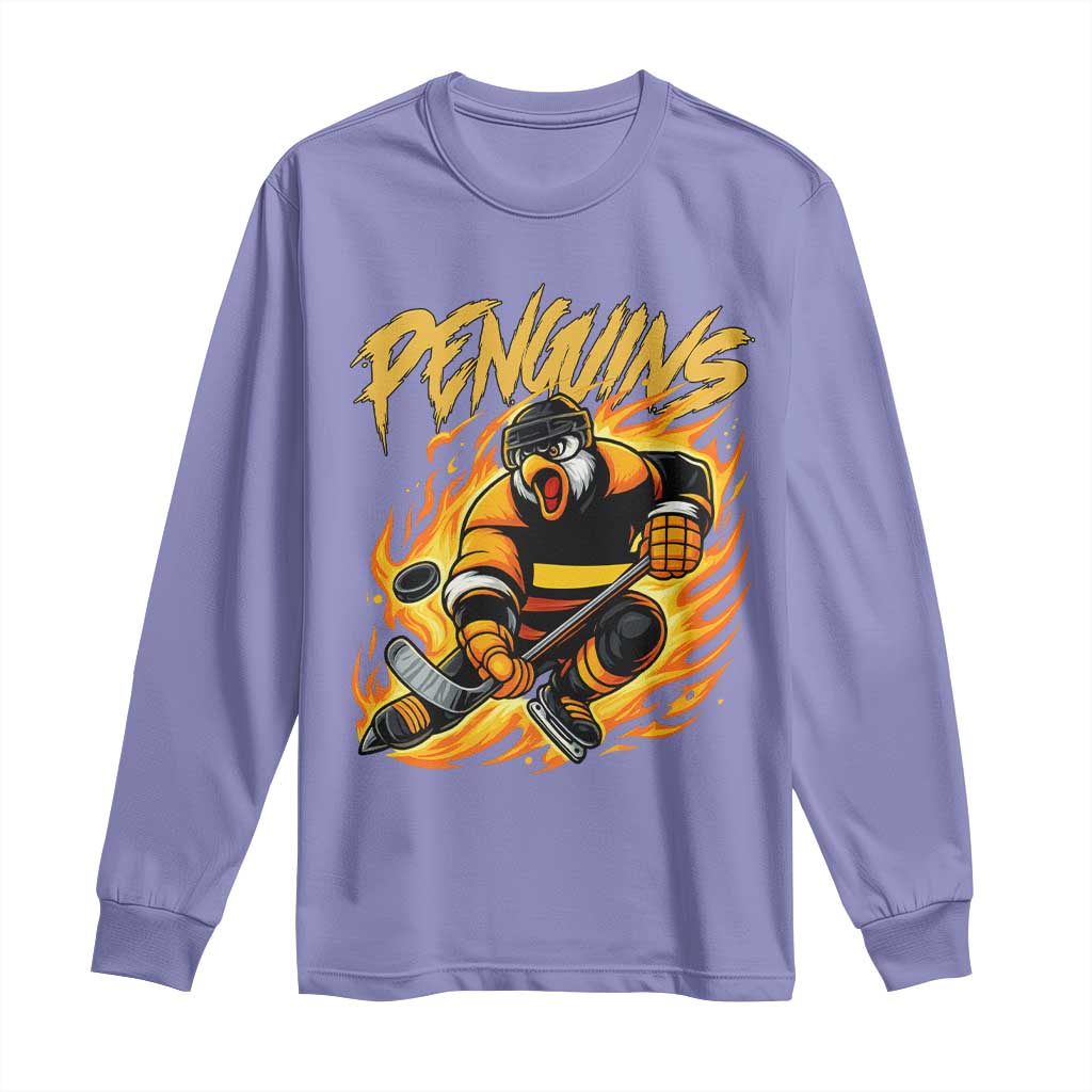 Penguin Playing Ice Hockey Long Sleeve Shirt Funny Sports Fan Gift TS12 Violet Print Your Wear