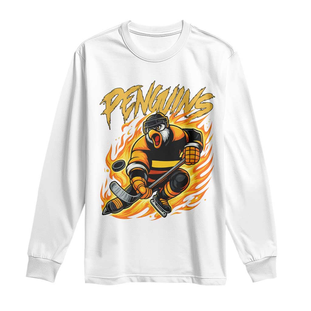Penguin Playing Ice Hockey Long Sleeve Shirt Funny Sports Fan Gift TS12 White Print Your Wear