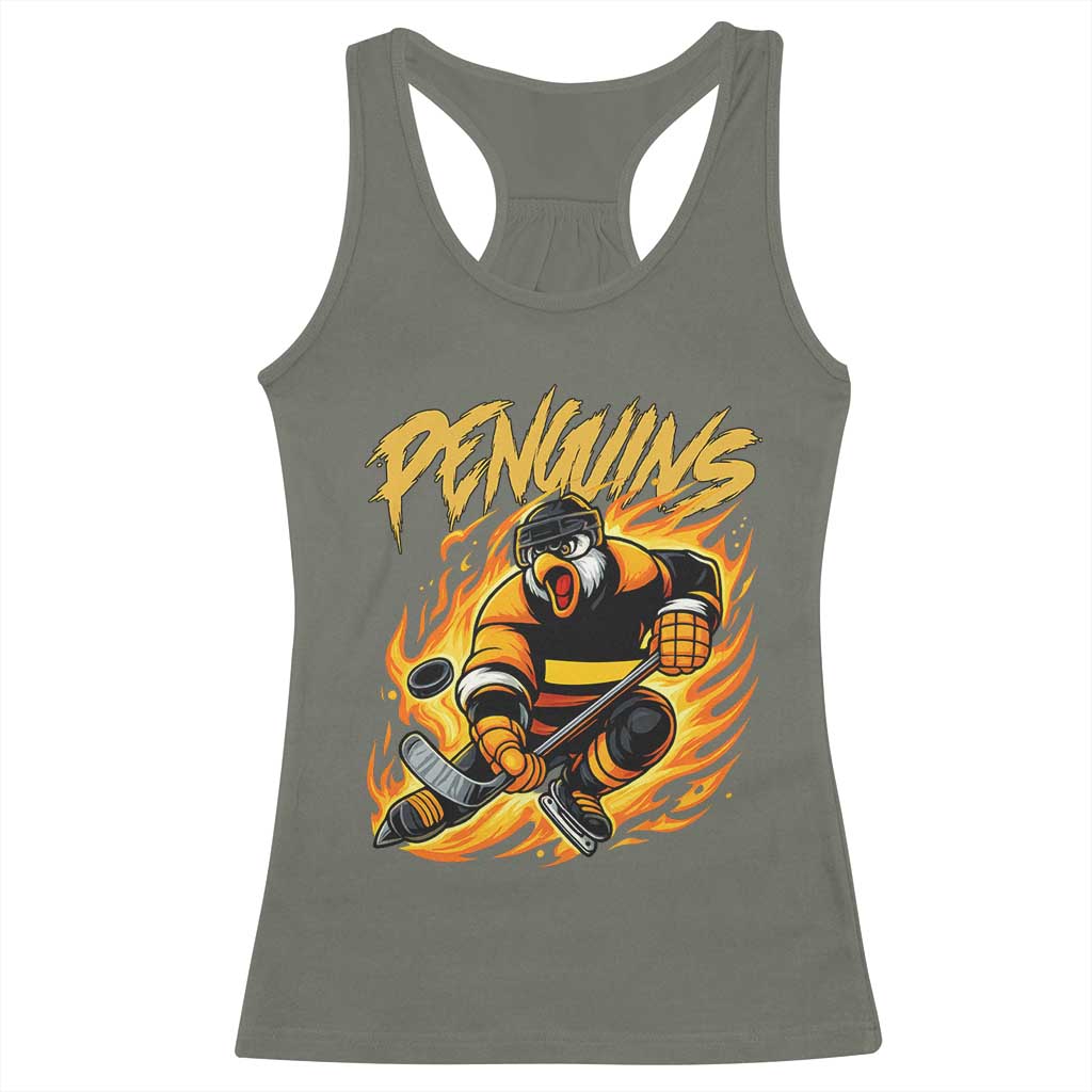Penguin Playing Ice Hockey Racerback Tank Top Funny Sports Fan Gift TS12 Military Green Print Your Wear