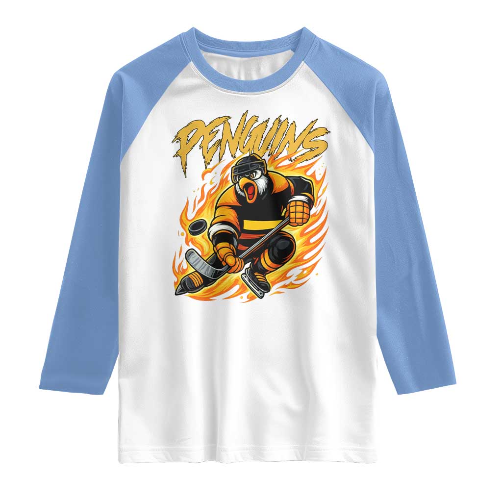 Penguin Playing Ice Hockey Raglan Shirt - Funny Sports Fan Gift Tee TS12 White Carolina Blue Print Your Wear