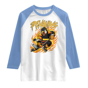 Penguin Playing Ice Hockey Raglan Shirt - Funny Sports Fan Gift Tee TS12 White Carolina Blue Print Your Wear