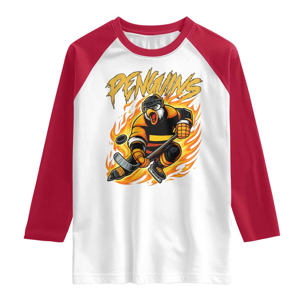 Penguin Playing Ice Hockey Raglan Shirt - Funny Sports Fan Gift Tee TS12 White Red Print Your Wear