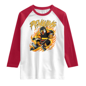 Penguin Playing Ice Hockey Raglan Shirt - Funny Sports Fan Gift Tee TS12 White Red Print Your Wear