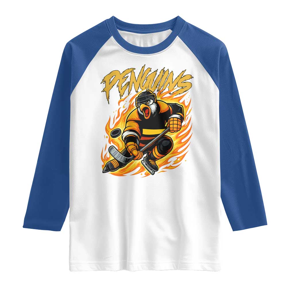 Penguin Playing Ice Hockey Raglan Shirt - Funny Sports Fan Gift Tee TS12 White Royal Print Your Wear