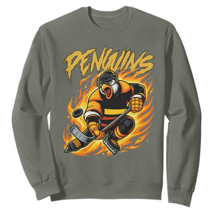 Penguin Playing Ice Hockey Sweatshirt Funny Sports Fan Gift TS12 Military Green Print Your Wear