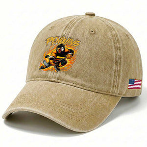 Penguin Playing Ice Hockey Washed Cotton Baseball Cap Funny Sports Fan Gift TS12 Print Your Wear