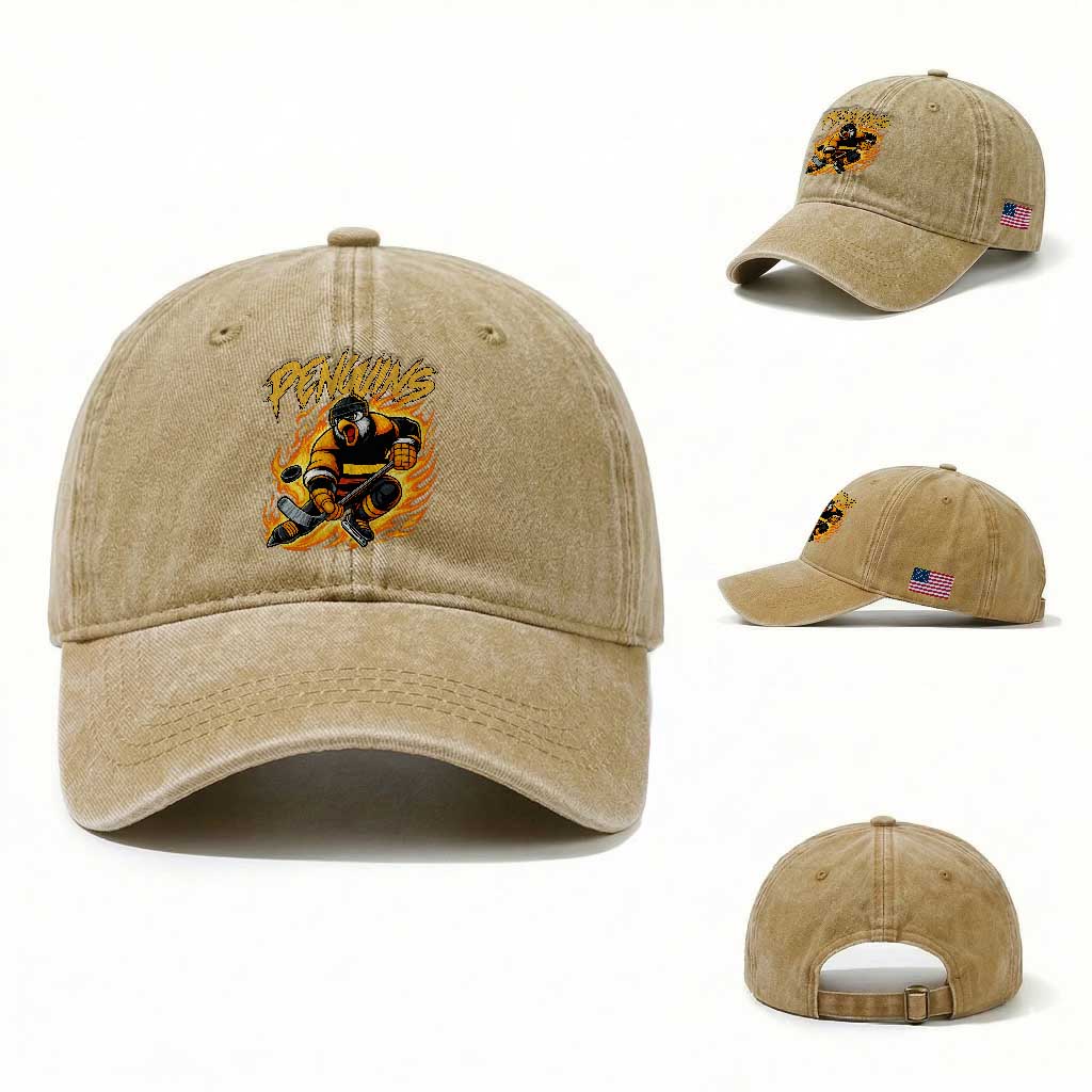 Penguin Playing Ice Hockey Washed Cotton Baseball Cap Funny Sports Fan Gift TS12 Washed Cap Universal Fit Khaki Print Your Wear