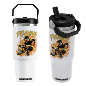 Penguin Playing Ice Hockey Flip Straw Tumbler Funny Sports Fan Gift TS12 One Size: 30 oz White Print Your Wear
