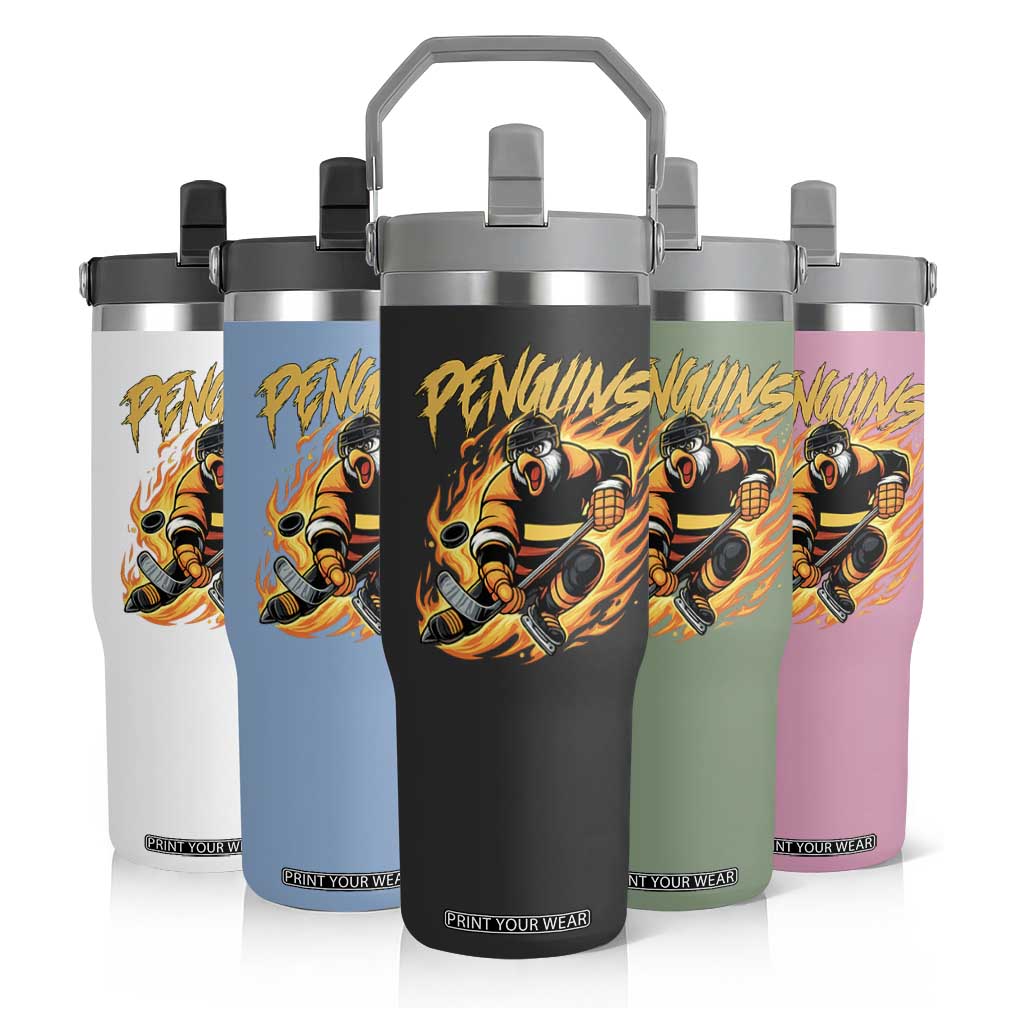 Penguin Playing Ice Hockey Flip Straw Tumbler Funny Sports Fan Gift TS12 Print Your Wear