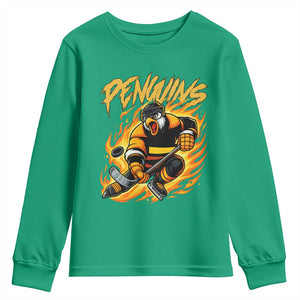Penguin Playing Ice Hockey Youth Sweatshirt Funny Sports Fan Gift TS12 Irish Green Print Your Wear
