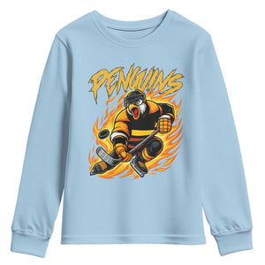 Penguin Playing Ice Hockey Youth Sweatshirt Funny Sports Fan Gift TS12 Light Blue Print Your Wear