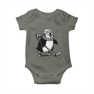 Cute Penguin Playing Ice Hockey Baby Onesie Funny Sports Lover Gift TS12 Military Green Print Your Wear