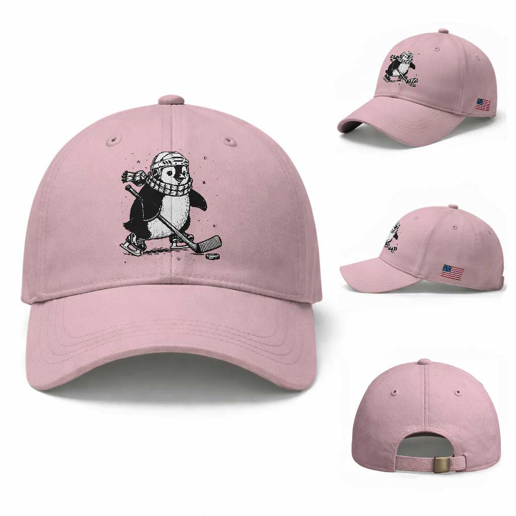 Cute Penguin Playing Ice Hockey Baseball Cap Funny Sports Lover Gift TS12 Baseball Cap Universal Fit Light Pink Print Your Wear