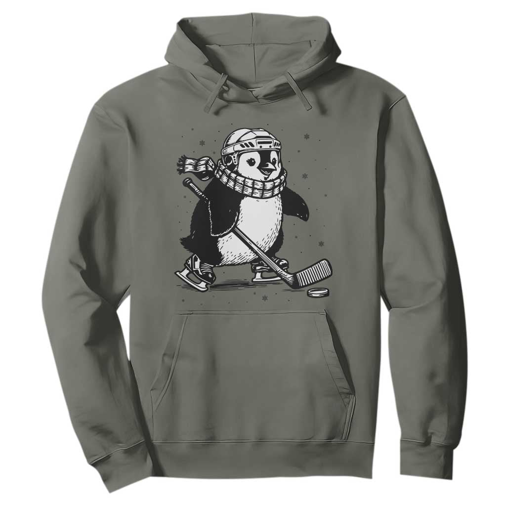 Cute Penguin Playing Ice Hockey Hoodie Funny Sports Lover Gift TS12 Military Green Print Your Wear