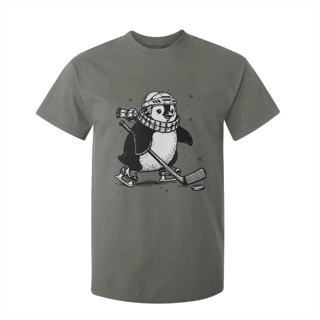 Cute Penguin Playing Ice Hockey T Shirt For Kid Funny Sports Lover Gift TS12 Military Green Print Your Wear