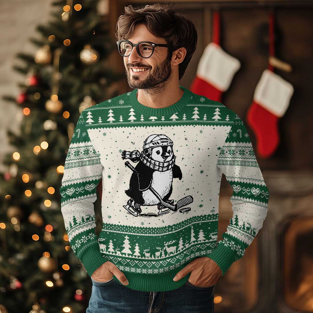Cute Penguin Playing Ice Hockey Ugly Christmas Sweater Funny Sports Lover Gift TS12 Beige Green Print Your Wear