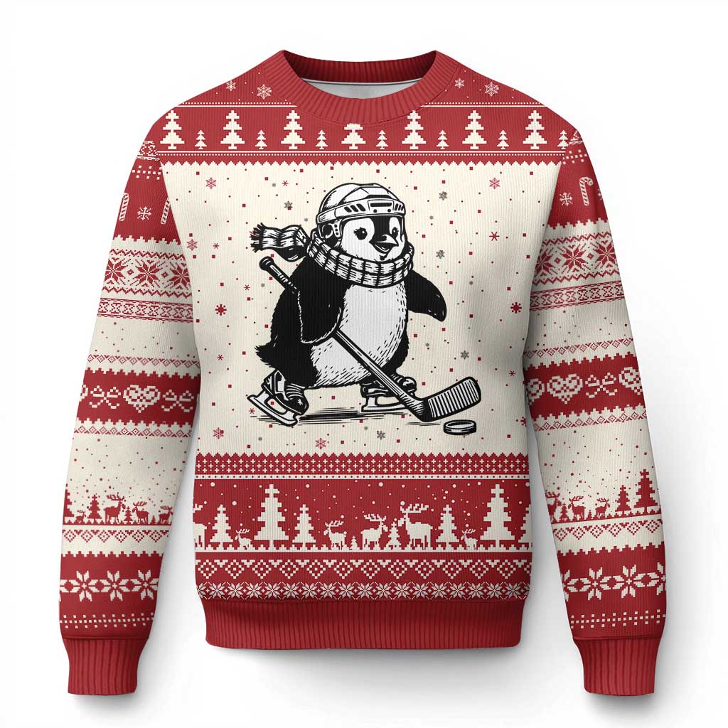 Cute Penguin Playing Ice Hockey Ugly Christmas Sweater Funny Sports Lover Gift TS12 Beige Red Print Your Wear