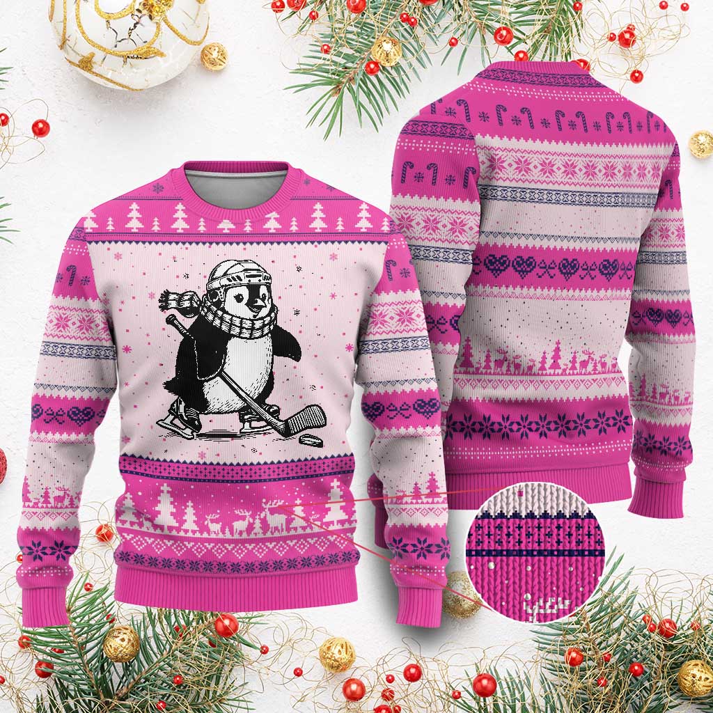 Cute Penguin Playing Ice Hockey Ugly Christmas Sweater Funny Sports Lover Gift TS12 Hot Pink Print Your Wear