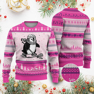Cute Penguin Playing Ice Hockey Ugly Christmas Sweater Funny Sports Lover Gift TS12 Hot Pink Print Your Wear