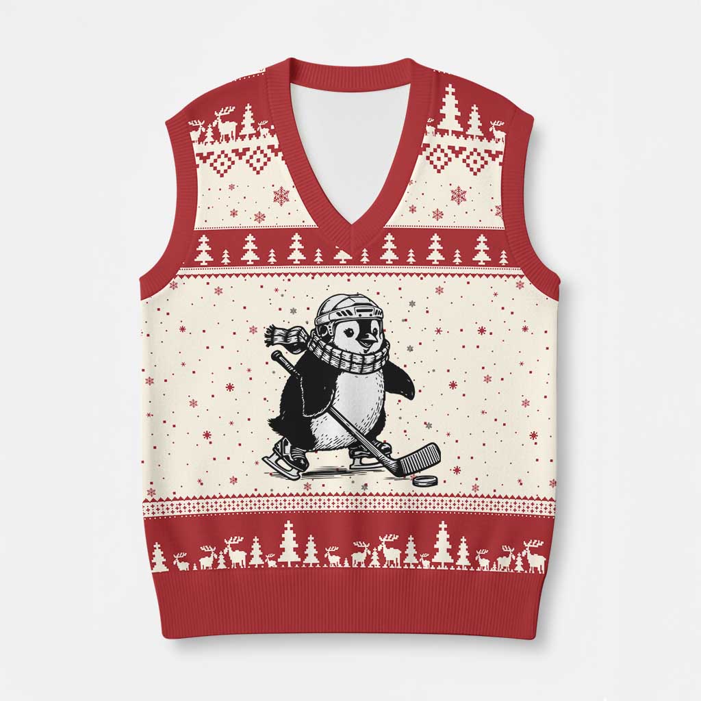 Cute Penguin Playing Ice Hockey V-Neck Knit Sweater Vest Funny Sports Lover Gift TS12 Beige Red Print Your Wear