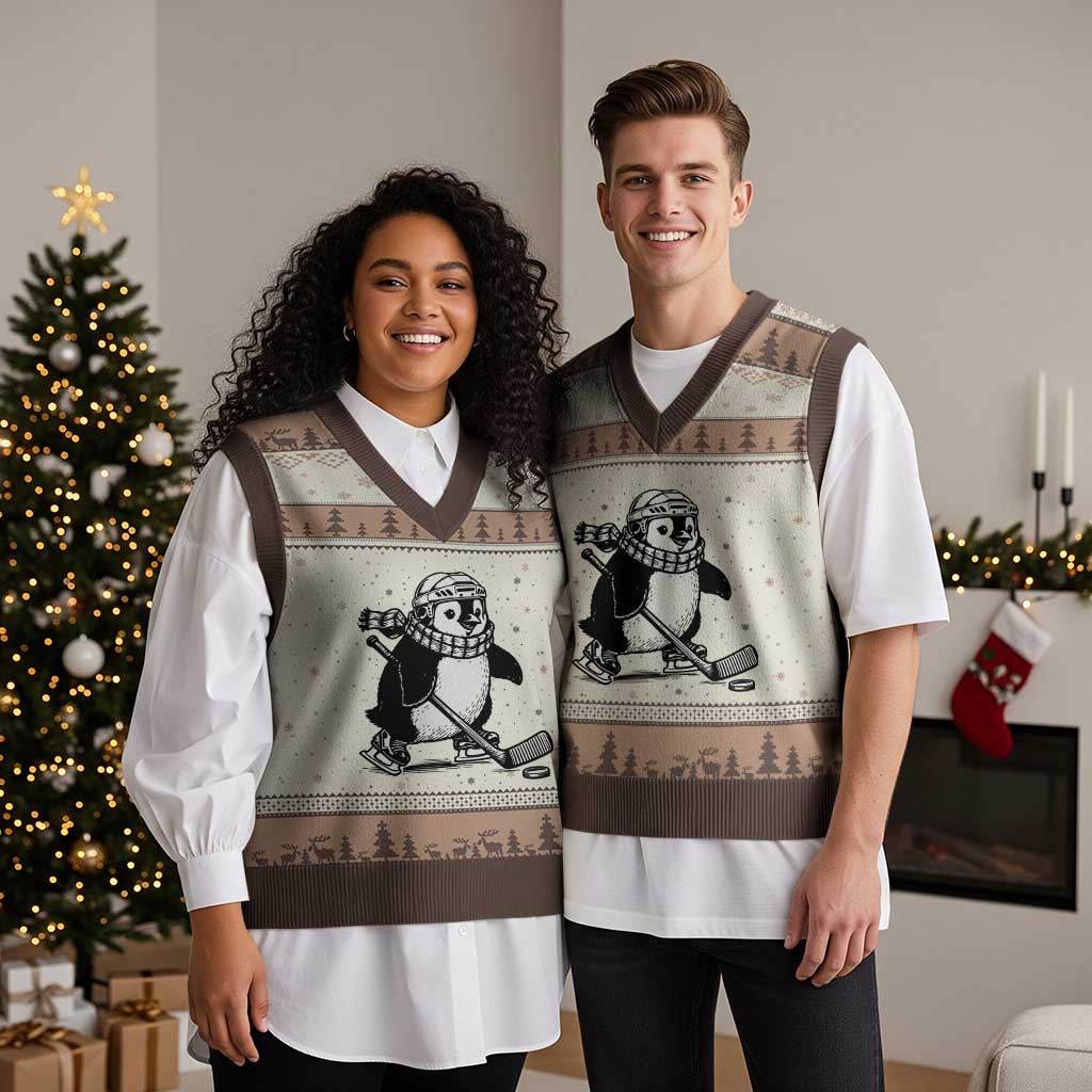 Cute Penguin Playing Ice Hockey V-Neck Knit Sweater Vest Funny Sports Lover Gift TS12 Mocha Mousse Print Your Wear