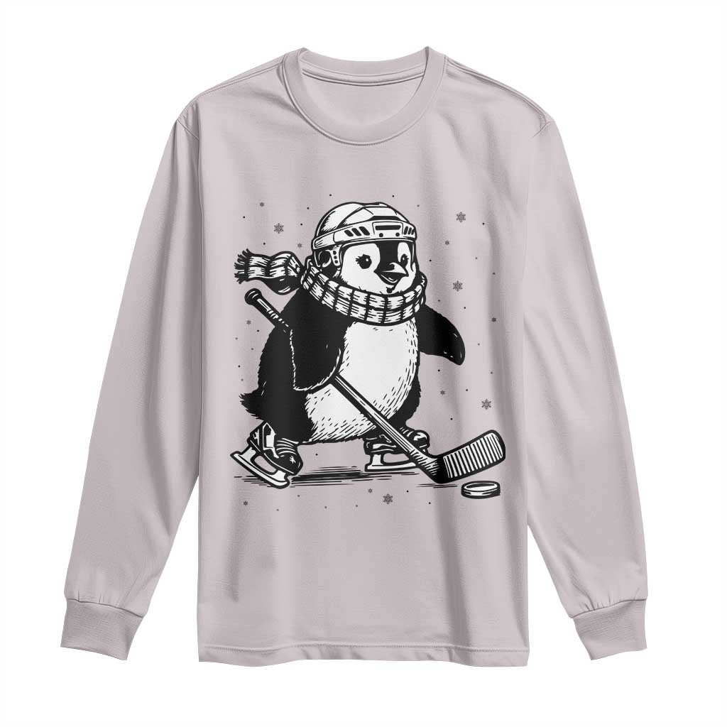 Cute Penguin Playing Ice Hockey Long Sleeve Shirt Funny Sports Lover Gift TS12 Ice Gray Print Your Wear