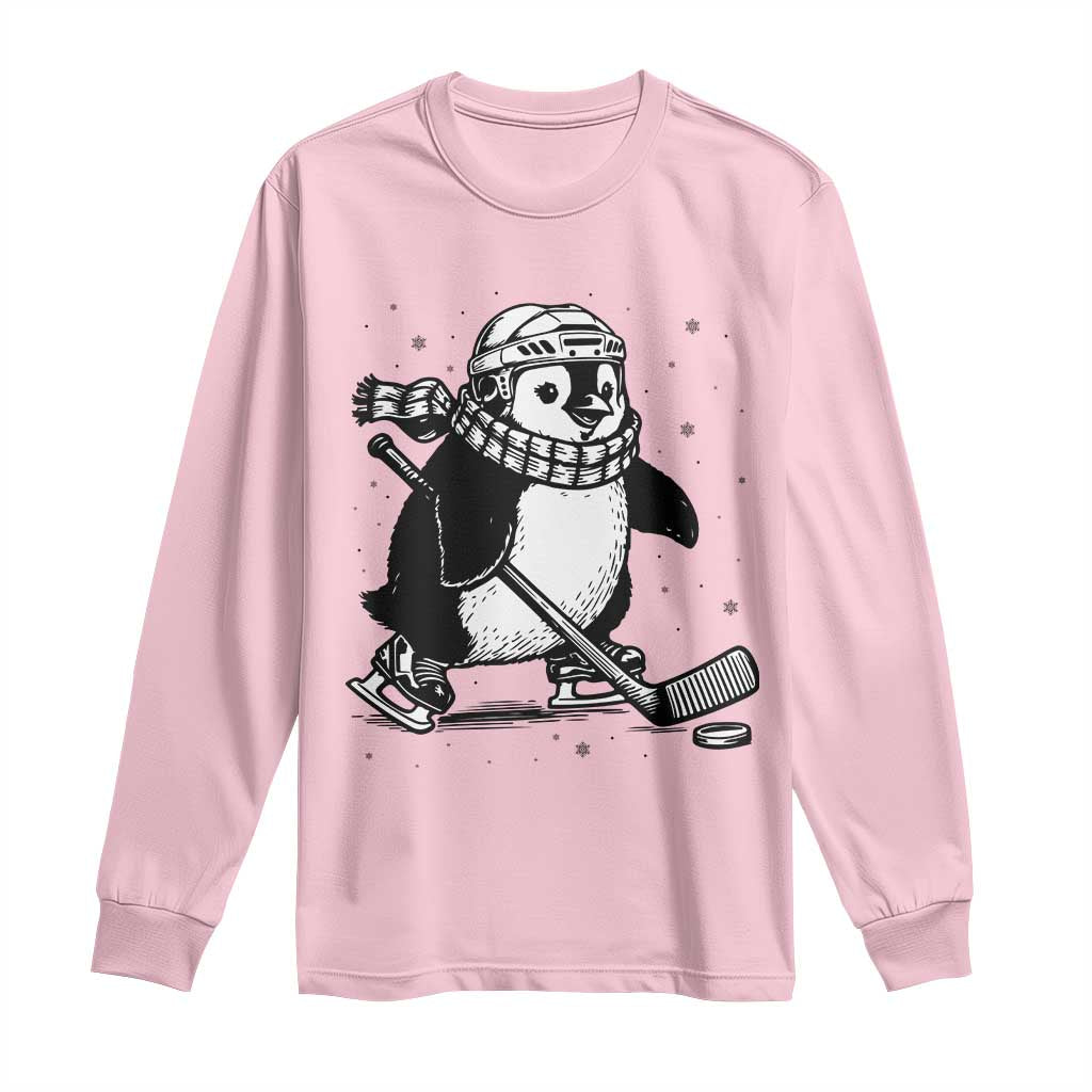 Cute Penguin Playing Ice Hockey Long Sleeve Shirt Funny Sports Lover Gift TS12 Light Pink Print Your Wear