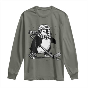 Cute Penguin Playing Ice Hockey Long Sleeve Shirt Funny Sports Lover Gift TS12 Military Green Print Your Wear