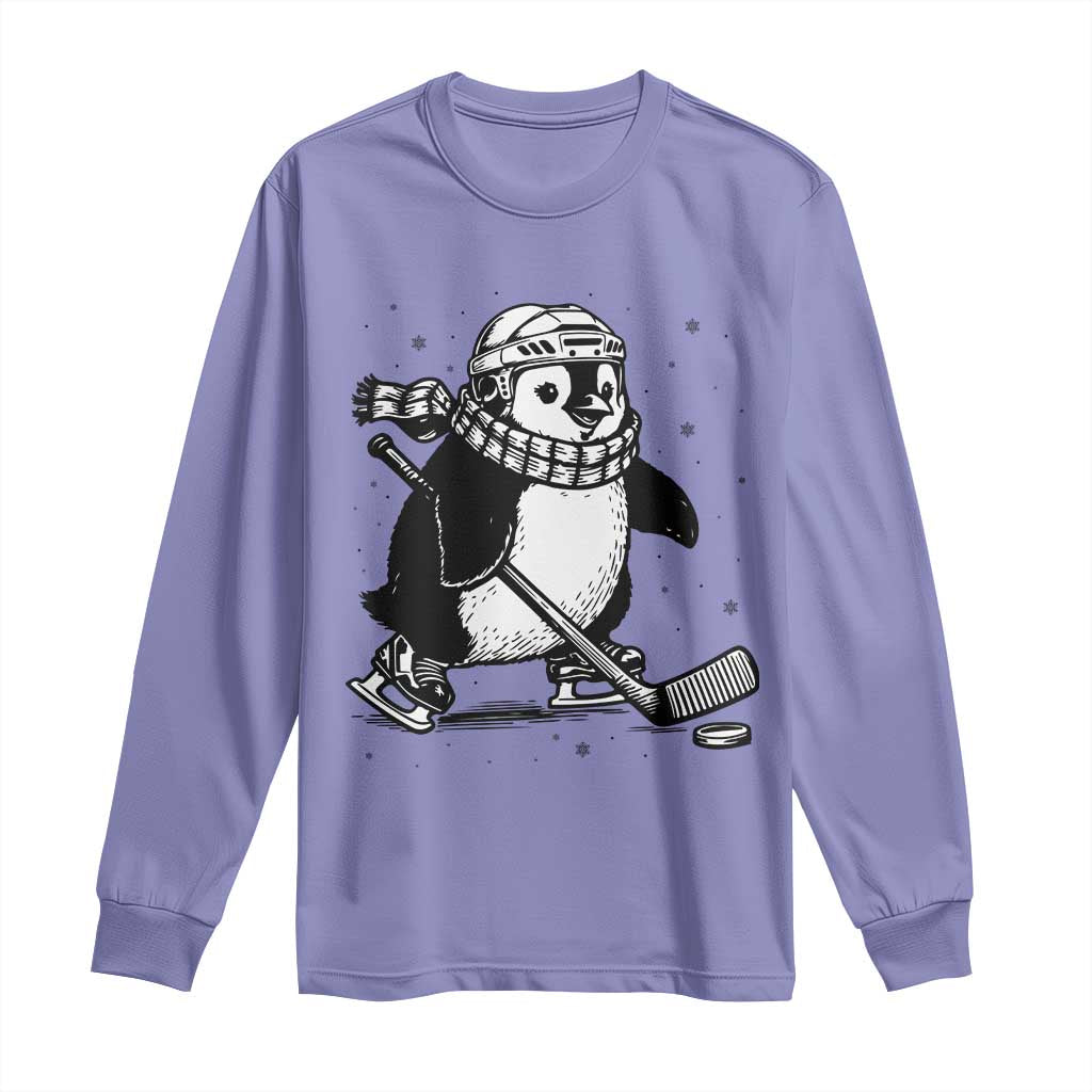 Cute Penguin Playing Ice Hockey Long Sleeve Shirt Funny Sports Lover Gift TS12 Violet Print Your Wear
