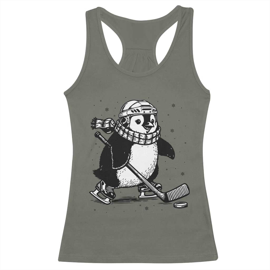 Cute Penguin Playing Ice Hockey Racerback Tank Top Funny Sports Lover Gift TS12 Military Green Print Your Wear