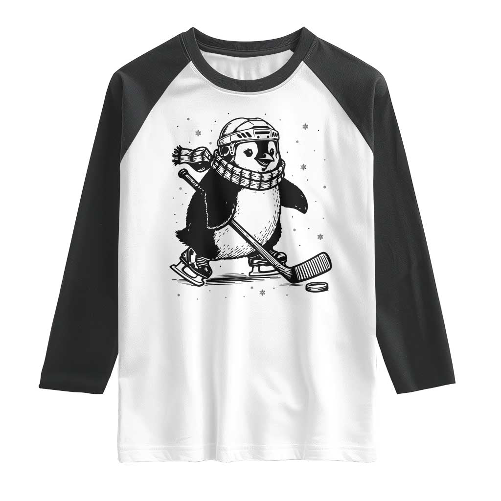 Cute Penguin Playing Ice Hockey Raglan Shirt Funny Sports Lover Gift TS12 White Black Print Your Wear