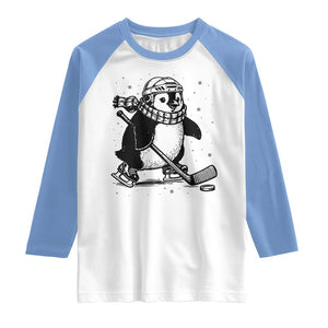 Cute Penguin Playing Ice Hockey Raglan Shirt Funny Sports Lover Gift TS12 White Carolina Blue Print Your Wear